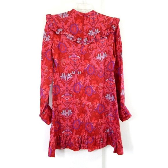 ZARA mini dress long sleeve floral ruffle retro jacquard party holiday red S - Picture 5 of 9